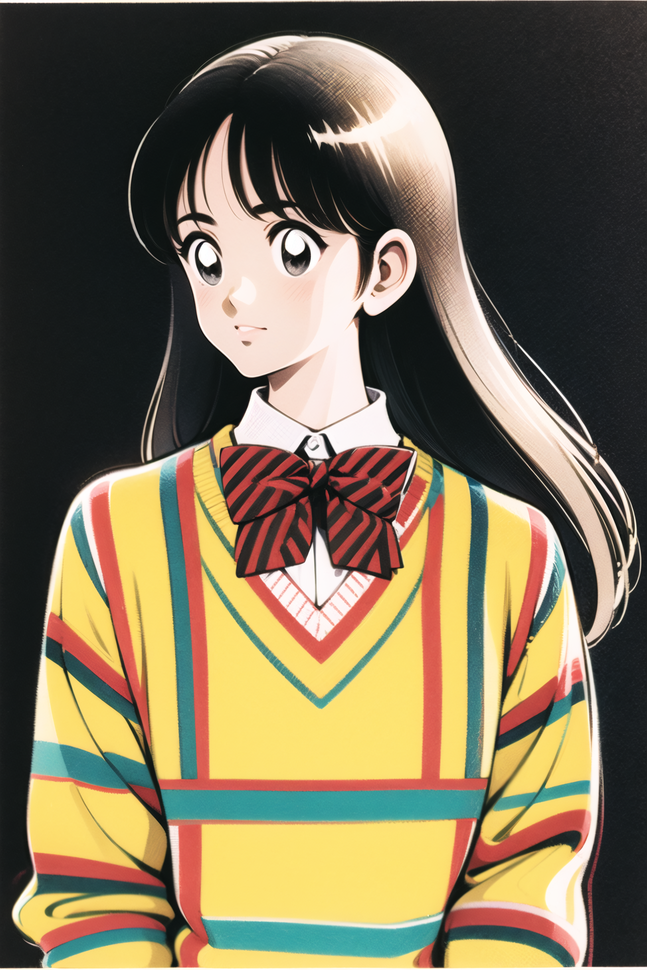 11984-1097919108-1girl, solo, striped bow, bow, bowtie, striped, black hair, striped bowtie, upper body, shirt, sweater, simple background, looki.png